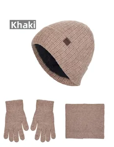 Three-piece winter set with khaki knit hat, fleece-lined neck warmer, and gloves for men