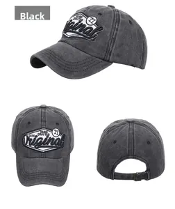 Detail view of washed cotton baseball cap with original embroidery and metal buckle