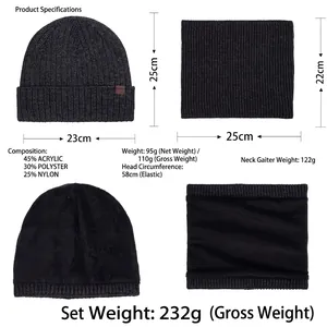 Winter knit beanie and neck warmer set in dark grey with thick warm fleece lining