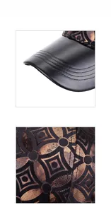 Detail showing the black faux leather brim and vintage geometric pattern on the baseball cap