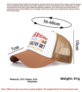 Detail showing materials and text embroidery on this bicolor mesh trucker baseball cap