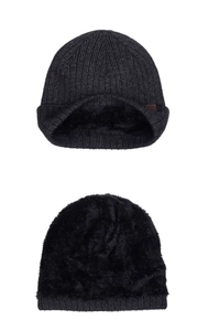 Macro detail of dark grey knit hat showing thick black faux fur lining and texture