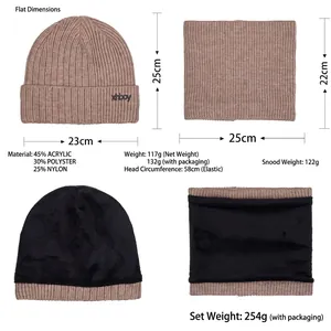 Winter thermal knit beanie and scarf set in khaki with warm fleece lining and logo patch