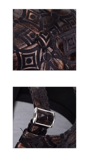 Detail of vintage geometric jacquard fabric and silver metal adjustable buckle on baseball cap