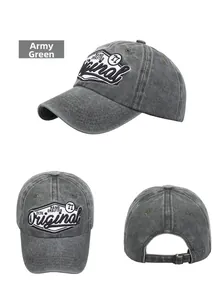 Detailed views of army green washed cotton baseball cap with vintage embroidery and metal buckle