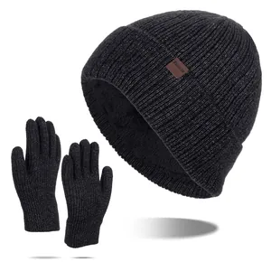 Men Winter Warm Knitted Beanie Hat And Gloves Set Acrylic Thick Fleece Lining Cold Weather Outdoor Thermal Headwear
