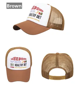 Detailed views of coffee brown mesh trucker hat with Weekend healthy diet embroidery