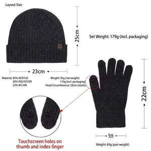 Winter set with dark grey thermal knit beanie and touchscreen gloves for outdoor use