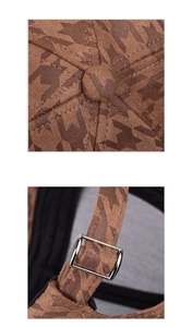 Detail of classic houndstooth baseball cap with suede texture and metal adjustment buckle
