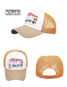 Detailed views of WEEKEND embroidery on tri-color khaki mesh snapback trucker hat
