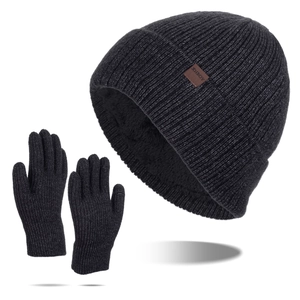 Winter men's knitted beanie hat and gloves set with thick fleece lining in dark grey color
