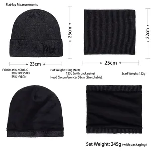 Winter thermal knit beanie and neck warmer set with embroidery for men outdoor sports