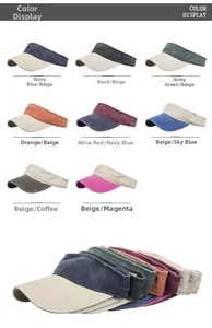 Detailed view of sun visors in various washed cotton colorways and contrast stitching