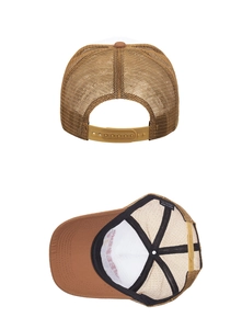 Detail view of khaki trucker hat showing breathable mesh back and adjustable snapback closure