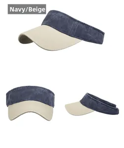 Detailed views of the navy and beige washed sun visor showing stitching and structure
