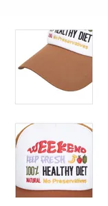 Detail of colorful fruit and Weekend embroidery on brown and white trucker hat