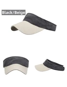 Detail view of cotton canvas sun visor with beige brim and contrast stitching
