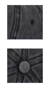 Detailed close-up of dark grey washed cotton baseball cap with reinforced stitching and eyelets