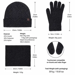 Winter 3-piece knit set with fleece lining including hat, scarf, and touch screen gloves