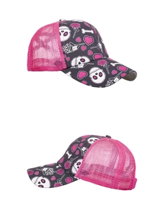 Detail of pink mesh ponytail baseball cap with skull, heart and rose print