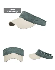 Detail view of army green and beige sun visor with washed cotton canvas texture