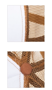 Close-up of mesh trucker hat interior stitching and brown polyester mesh material