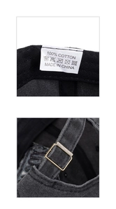 Close-up of 100% cotton twill fabric, wash label and bronze metal buckle on baseball cap