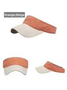 Three views showing side, front and back of orange and beige washed cotton visor hat