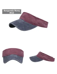 Detail view of washed canvas sun visor in wine red and navy blue with vintage texture