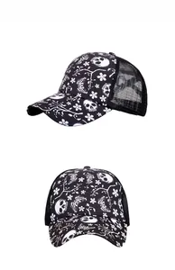 Detail of baseball cap mesh back with skull and butterfly prints on side and front views