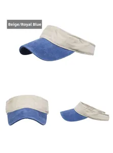 Detailed view of sun visor hat in beige and royal blue with durable canvas texture