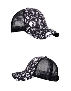 Detail of breathable mesh baseball cap with skull and floral print for ponytails