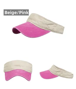 Detailed view of beige and rose red washed canvas visor with reinforced stitching
