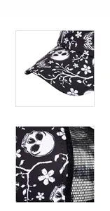 Detail shot of breathable mesh and white skull floral pattern on the black baseball cap