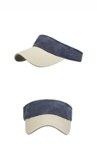 Detail view of washed navy and beige contrast stitching on the empty top sun visor hat