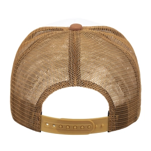 Brown mesh trucker hat with white front panel and adjustable plastic snapback closure