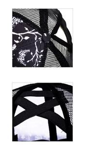 Detail of baseball cap with ponytail criss-cross elastic bands and butterfly print