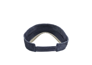 Detail of adjustable velcro strap and sweatband on the navy washed cotton sun visor hat