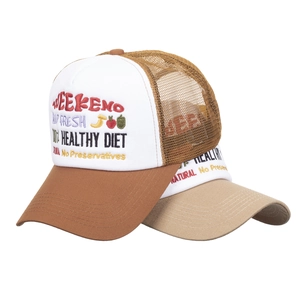 WEEKEND and HEALTHY DIET embroidered mesh trucker caps in retro brown and beige tones