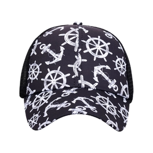 Black ponytail baseball cap with nautical anchor print and breathable mesh back panel