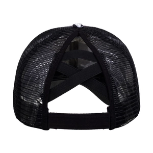Black ponytail baseball cap with breathable mesh and unique elastic criss-cross back design