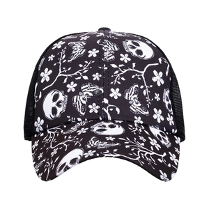 Women's black ponytail baseball cap with skull and butterfly print mesh back