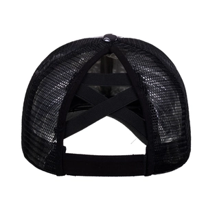 Black ponytail baseball cap with breathable mesh back and cross elastic straps design