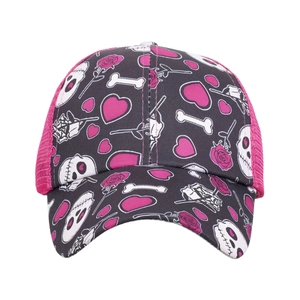 Women's ponytail baseball cap with pink mesh back and skull rose floral graphic print