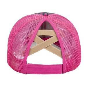 Breathable rose pink ponytail baseball cap with triple elastic cross bands for women