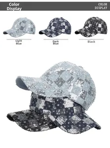 Detailed color display of sequined denim baseball caps in light blue, dark blue, and black