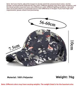 Detailed dimension guide for camouflage baseball cap with measurements and material specs
