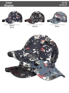 Detailed color display of navy blue, black and blue camouflage reflective baseball caps
