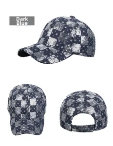 Three views of dark blue baseball cap with silver sequin checkerboard pattern texture