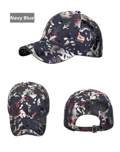 Detailed view of navy blue camouflage baseball cap with adjustable metal back buckle strap